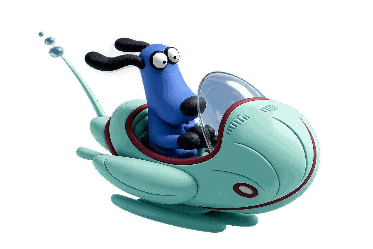 A whimsical blue dog piloting a pale-green flying ship